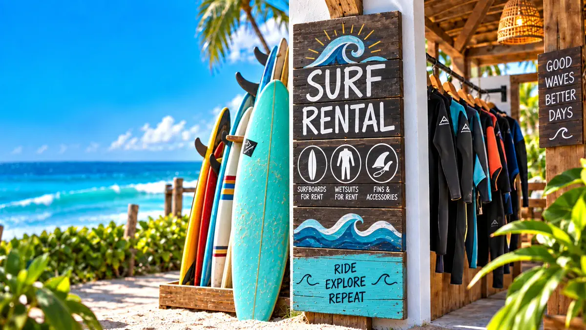 Surfboards standing in a rack and wetsuits on a rail, beside a painted board and wetsuit rental sign