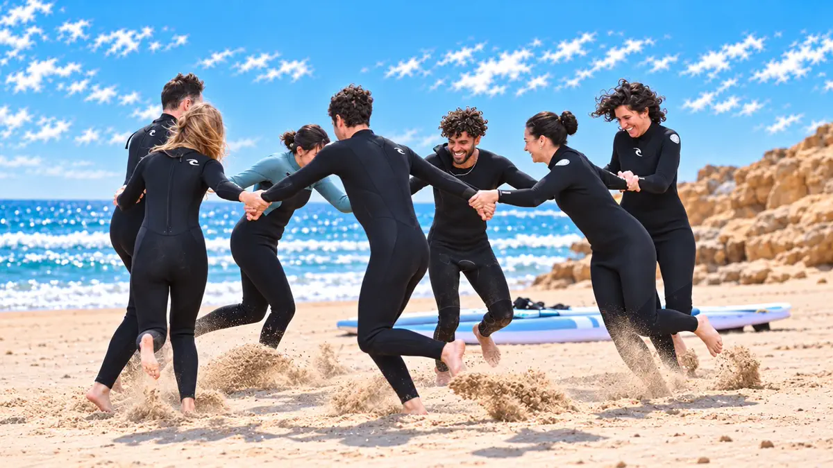 A group in wetsuits holding hands in a circle on the sand, kicking up sand, with the boards behind them